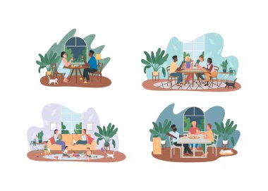 Hafta sonları evde 2D vektör web afişi, poster seti. Arkadaşlar, çizgi film geçmişinde birkaç düz karakter. Birlikte zaman geçirmek yazdırılabilir yama, renkli web ögesi koleksiyonu