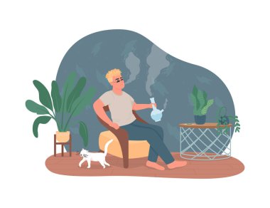 Smoking cannabis bong 2D vector web banner, poster. Guy inhale from bowl. Man with pipe flat character on cartoon background. Unhealthy addiction printable patch, colorful web element