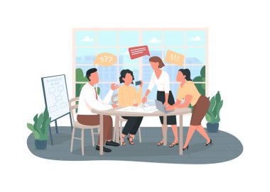 Conflict in office 2D vector web banner, poster. Negativity on workplace. Arguing coworkers flat characters on cartoon background. Bad communication printable patch, colorful web element