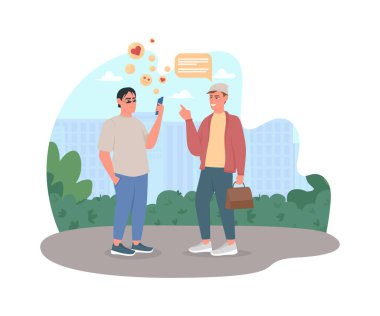 Mobile phone addiction 2D vector web banner, poster. Social media obsession. Smartphone addict. Men talking flat characters on cartoon background. Bad habit printable patch, colorful web element