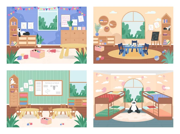 Kindergarten Class People Flat Color Vector Illustration Set Playroom Children — Stock vektor