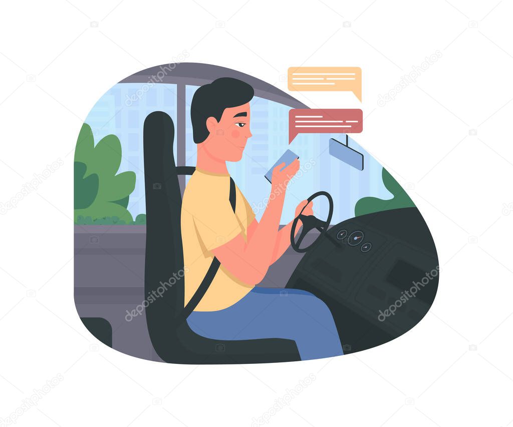 Texting while driving 2D vector web banner, poster. Man in car seat. Driver with smartphone flat characters on cartoon background. Distracted driving printable patch, colorful web element