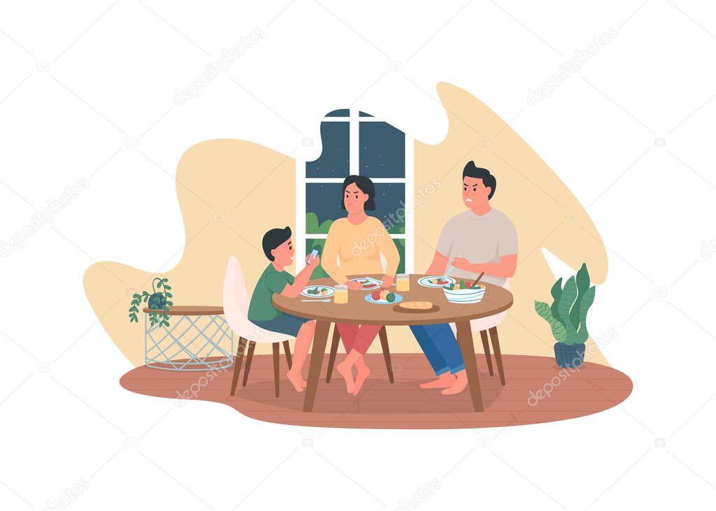 Children addiction to smartphone 2D vector web banner, poster. Couple angry with boy on phone. Parent with son flat characters on cartoon background. Bad habit printable patch, colorful web element