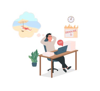 Çalışan düz renk vektörünü geciktiriyorum. Detaylı karakter. Acil teslim tarihleri. Ofisteki tembel adam rüya görüyor. Kötü alışkanlık, web grafik tasarımı ve animasyonu için karikatür çizimlerini izole etti