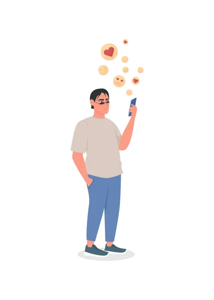 Social Media Besessen Flache Farbvektor Detaillierten Charakter Mann Mit Smartphone — Stockvektor
