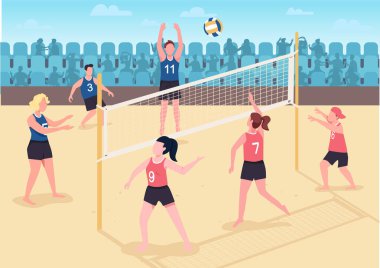 Plaj düz renk vektör illüstrasyonunda voleybol oynayan insanlar. Ziyaretçiler boş zamanlarını dışarıda geçiriyorlar. Voleybol oyuncuları arka planda bağıran hayranları olan 2D çizgi film karakterleri