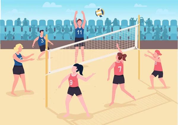 People Playing Volleyball Beach Flat Color Vector Illustration Visitors Spending — Stock Vector