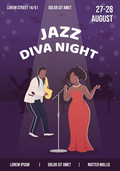 Jazz Diva Noche Cartel Plano Vector Plantilla Perfumación Nocturna Especial — Archivo Imágenes Vectoriales
