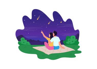 Çıplak gözle yıldızları izleyen 2D vektör web pankartı, poster. Çizgi film arkaplanındaki düz karakterlere düşen güzel yıldızlara bakan sevimli bir çift. Romantik akşam basılabilir yaması, renkli web ögesi