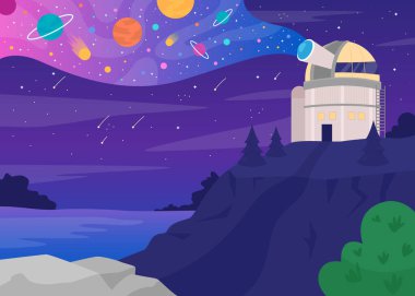 Astronomik gözlemevi düz renk vektörü çizimi. Teleskoplar ve yardımcı araçlar içeren yapı. Arka planda yıldızlar ve gezegenler olan gece gökyüzü ile 2D karikatür.