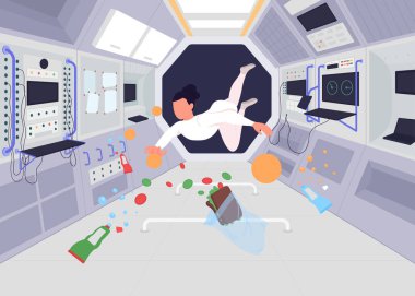 Uzay istasyonunun içindeki astronotlar düz renk vektör çizimleri. Sıfır yerçekiminde uçan kişinin arka planında özel cihazları olan 2D karikatür karakterleri vardır.