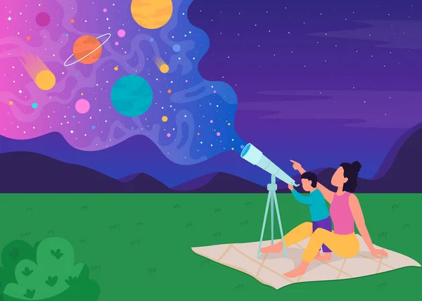 Família Stargazing Com Telescópio Ilustração Vetorial Cor Plana Mãe Mostra —  Vetores de Stock