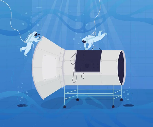 水中宇宙飛行士訓練フラットカラーベクトルイラスト 世界中の地域で宇宙飛行士を準備する複雑なプロセス背景に特別な測定スケールを持つ2D漫画のキャラクター — ストックベクタ