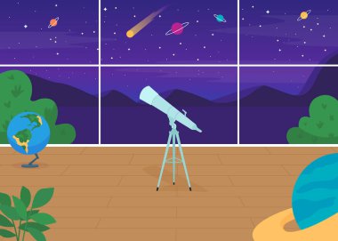 Astronomik gözlemevi düz renk vektörü çizimi. İçinde teleskoplar ve yardımcı cihazlar bulunan yapı, gezegenlerin 2D karikatür iç yapısını gece gökyüzü ile gözlemlemek için arka planda başlar.