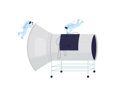 Uzaydaki astronotlar düz renk vektörü meçhul karakterler. Uzayda uzay gemisinin sorunları çözülüyor. Web grafik tasarımı ve animasyonu için izole çizgi film illüstrasyonunu geliştiren bilim