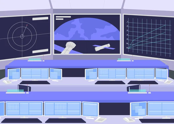 ミッションコントロールセンターフラットカラーベクトルイラスト 宇宙をリモートで探索するためのさまざまな特別な楽器 天文学者の職場センター背景に大きな画面で2D漫画のインテリア — ストックベクタ