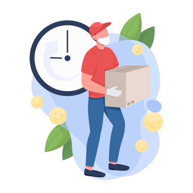 Postacı düz konsept vektör çizimi. Paketleri zamanında teslim eden adam web tasarımı için kapına kadar 2D çizgi film karakteri. Çevrimiçi dükkanlardan güvenli teslimat yaratıcı fikir