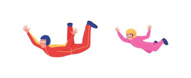 Skydiving aktivitesi düz renk vektörü yüzsüz karakter seti. Yeni gezegenler keşfetmek için uzay görevine hazırlanıyorum. Web grafik tasarımı ve animasyonu için bilim izole çizgi film çizimi