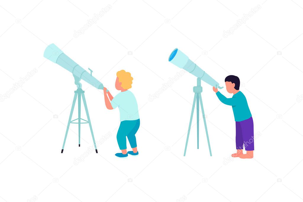 Kids looking into telescope flat color vector faceless character set. Learning new things after school. Children isolated cartoon illustration for web graphic design and animation collection