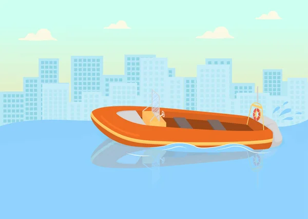 海岸警卫队船平面彩色矢量图解 检查海岸线来帮助人们 海滨官员通过交通工具帮助人们在大城市背景下的二维卡通城市景观 — 图库矢量图片