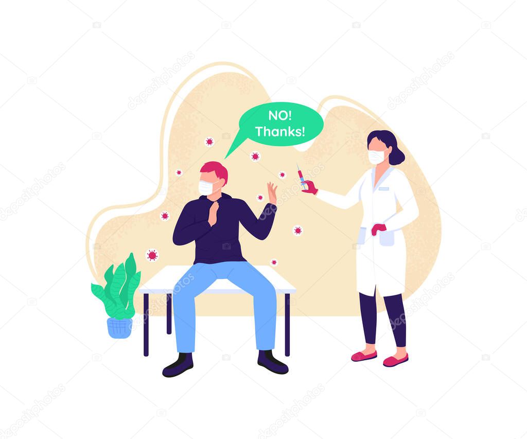 Rejecting vaccine flat concept vector illustration. Refuse drug injection. Health care, pharmaceutical treatment. Therapist and patient 2D cartoon characters for web design. Anti vaccine creative idea