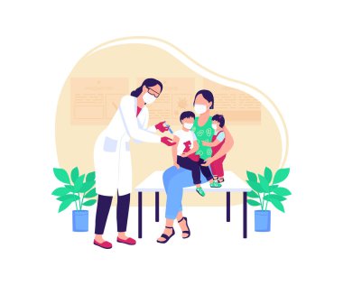 Pediatrik aşı düz konsept vektör çizimi. Hastalık tedavisi. Hastane ziyareti. Doktor ve anne ve çocukları web tasarımı için 2 boyutlu çizgi film karakterleri. Kapak aşısı yaratıcı fikir