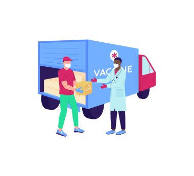 Doktor düz renk vektör yüzsüz karakterli aşı kuryesi. İlaç sevkiyatı. Eczane teslimatı Web grafik tasarımı ve animasyonu için uyuşturucu dağıtımı izole edilmiş çizgi film çizimi