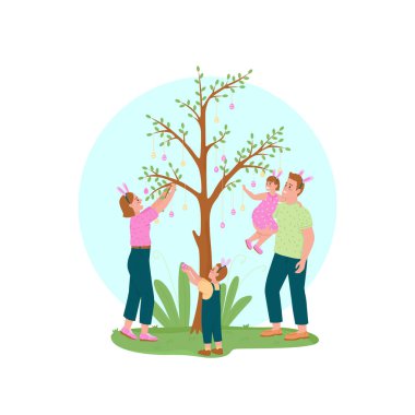 2D vektör web pankartına paskalya yumurtası asmak, poster. Çizgi film arka planında çocuklu mutlu ebeveynler. Bahar tatili geleneği basılabilir yama, renkli web ögesi