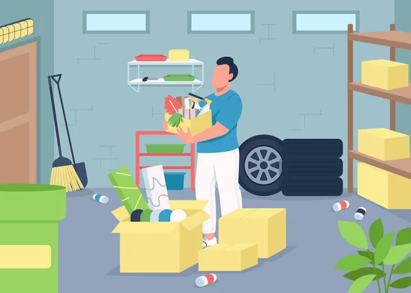 Garagem Limpeza Cor Plana Vetor Ilustração Decluttering Doméstico Limpeza Primavera — Vetor de Stock