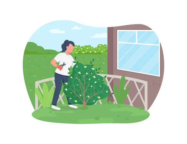 ガーデンワーク2DベクトルWebバナー ポスター 庭師の切断ヘッジ 漫画の背景に女性のトリミングブッシュフラット文字 春の外仕事印刷可能なパッチ カラフルなWeb要素 — ストックベクタ