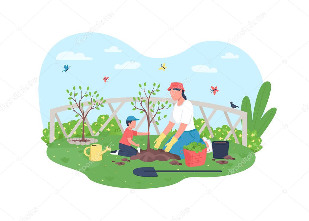 Planting tree together 2D vector web banner, poster. Mom with son in garden. Mother with child flat characters on cartoon background. Family activity printable patch, colorful web element