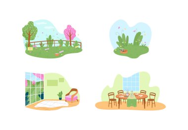 Paskalya bayramı geleneksel aktiviteleri 2D vektör web afişi, poster seti. Çizgi film arka planında bahar sezonu düz manzarası. Bahar tatili yazdırılabilir yama, renkli web ögesi koleksiyonu