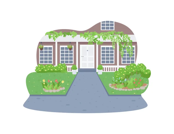 現代郊外のホーム外装2DベクトルWebバナー ポスター 豪華な住宅の入り口漫画の背景に平らな風景です 春シーズン印刷可能なパッチ カラフルなWeb要素 — ストックベクタ