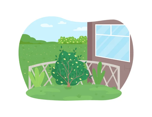 庭のメンテナンス2DベクトルWebバナー ポスター 植物ケア ブッシュ 園芸を栽培します 漫画の背景に家の裏庭のフラットシーン 庭ケア印刷可能なパッチ カラフルなWeb要素 — ストックベクタ