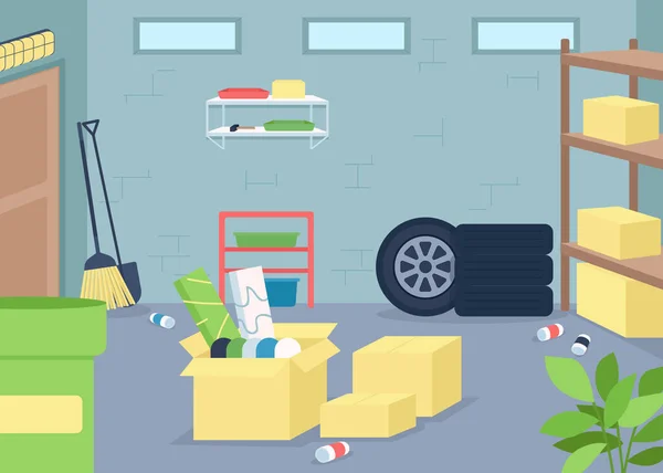 Garagem Lixo Cor Plana Vetor Ilustração Limpeza Decluttering Primavera Organizar — Vetor de Stock