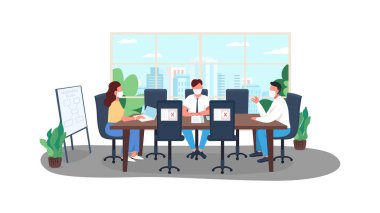 Covid iş planı düz renk vektör çizimi. Corona virüs gerçekliğini kilitle. Karantina işleri için kurallar. Arka planda büyük megapolis binaları olan 2D çizgi film karakterleri