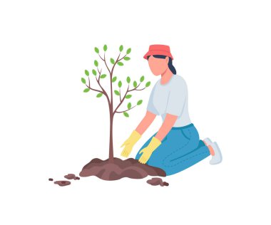 Düz renk vektörlü yüzü olmayan bir kadın ağaç dikiyor. Profesyonel bahçıvan. Saplama ve bahçıvanlık. Bahçe işleri web grafik tasarımı ve animasyonu için izole edilmiş karikatür çizimi