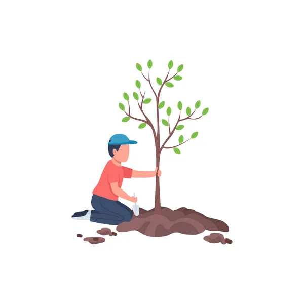 男の子は木の平らな色のベクトルの顔のない文字を植える 庭の世話をする学童 春の季節の仕事ボランティア孤立した漫画イラストのためのウェブグラフィックデザインとアニメーション — ストックベクタ