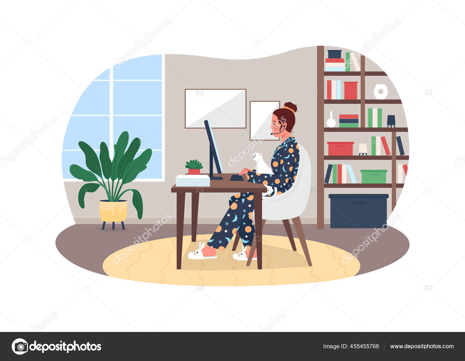 Freelancer Pijama Vetor Web Banner Cartaz Funcionário Remoto Mesa