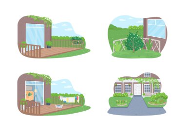 2D vektör web pankartı, poster seti. Bahar temizliği. Çamaşır ipinde çamaşır. Çizgi film arka planında düz veranda sahnesi. Veranda yazdırılabilir yaması, renkli web ögesi koleksiyonu