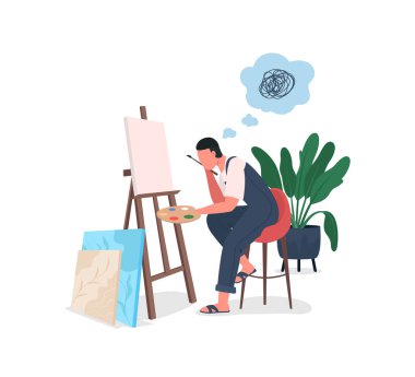 Ressam düz renk vektörlü yüzsüz karakterde yorgun. Çizim zorluğu. Ressam iş başında. Tuvalli stüdyo. Web grafik tasarımı ve animasyonu için yanmış izole çizgi film çizimi