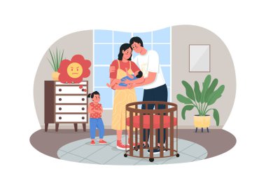 Kardeş rekabeti 2D vektör web afişi, poster. Kıskanç kardeş. Baba, anne, bebek ve kız çizgi film arkaplanındaki düz karakterler. Aile çakışması yazdırılabilir yama, renkli web ögesi