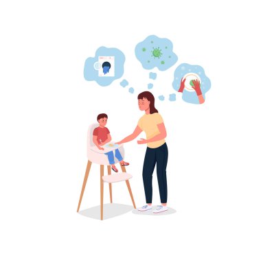 Bebek sahibi stresli anne düz renkli vektör detaylı karakterler. Genç anne mücadele ediyor. Web grafik tasarımı ve animasyonu için annelik izole çizgi film çiziminin zorlukları