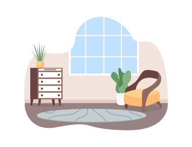 Oturma odası 2D vektör pankartı, poster. Rahat bir koltuk. Dairenin içinde. Çizgi film arka planında ev sahnesi. Aile evi yazdırılabilir yaması, renkli web ögesi