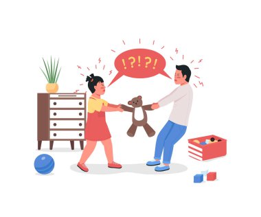 Quarreling children flat color vector detailed characters. Siblings fight over toy. Kids arguing in playroom. Family conflict isolated cartoon illustration for web graphic design and animation clipart