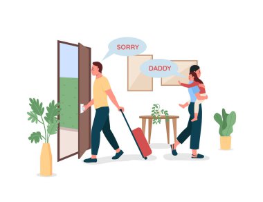 Baba, karısını ve çocuğunu düz renk vektörüyle bırakıyor. Ebeveynler boşanır. Kızgın annesi olan ağlayan bir kız. Aile içi çatışma web grafik tasarımı ve animasyonu için izole edilmiş çizgi film çizimi