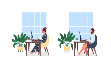 Masa düz renk vektör karakter kümesinde serbest çalışanlar. Pijamalı bir kadın. Pantolonu olmayan adam. Merkez ofis. Web grafik tasarımı ve animasyon koleksiyonu için uzak çalışma yararı izole çizgi film illüstrasyonu