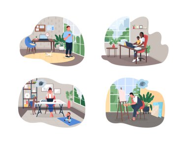 Merkez ofisteki 2D vektör web afişi, poster seti. Molada çalışan. Çalışan anne. Çizgi filmdeki düz karakterler. Yanmış yazdırılabilir yama, renkli web ögesi paketi