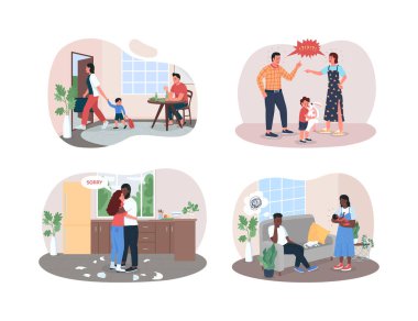 Aile dağılımı 2D vektör pankartı, poster seti. Üzgün çocuk, kızgın ebeveynler. Çizgi film arka planında birkaç düz karakter tartışıyorlar. Aile çakışması yazdırılabilir yama, renkli web ögesi koleksiyonu