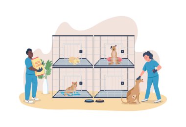 Köpekler için veteriner bakımı 2D vektör web afişi, poster. Yavruları besle. Evsiz hayvanlar için barınaktaki işçiler çizgi film arka planındaki düz karakterler. Köpek kurtarma bandı, renkli web ögesi